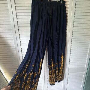 Wide Leg Navy Pants with Gold Embroidery